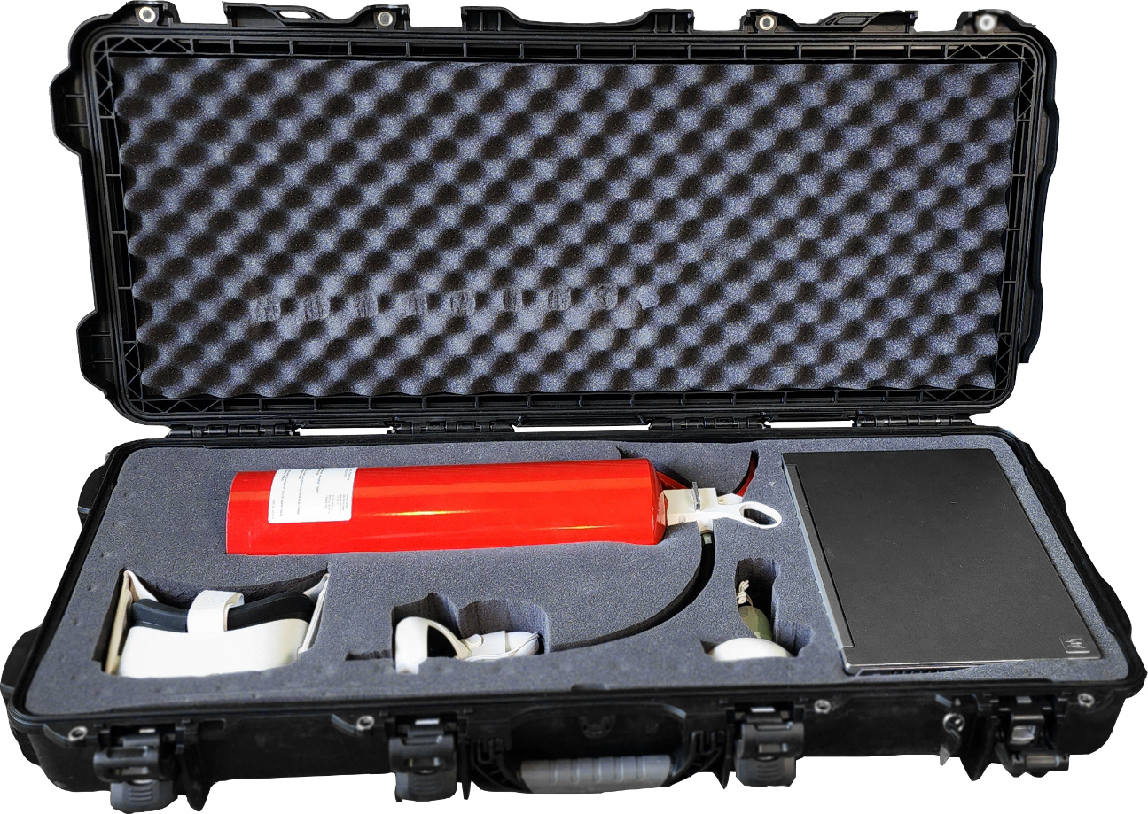 VR Hardware Kit — Meta Quest 3, fire extinguisher, travel case, and gaming laptop